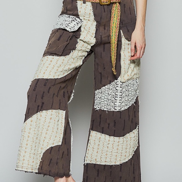 New Pol Boho Jeans Pants Patchwork Brown Distressed Wavy Detail Mesh 100% Cotton - Picture 7 of 10